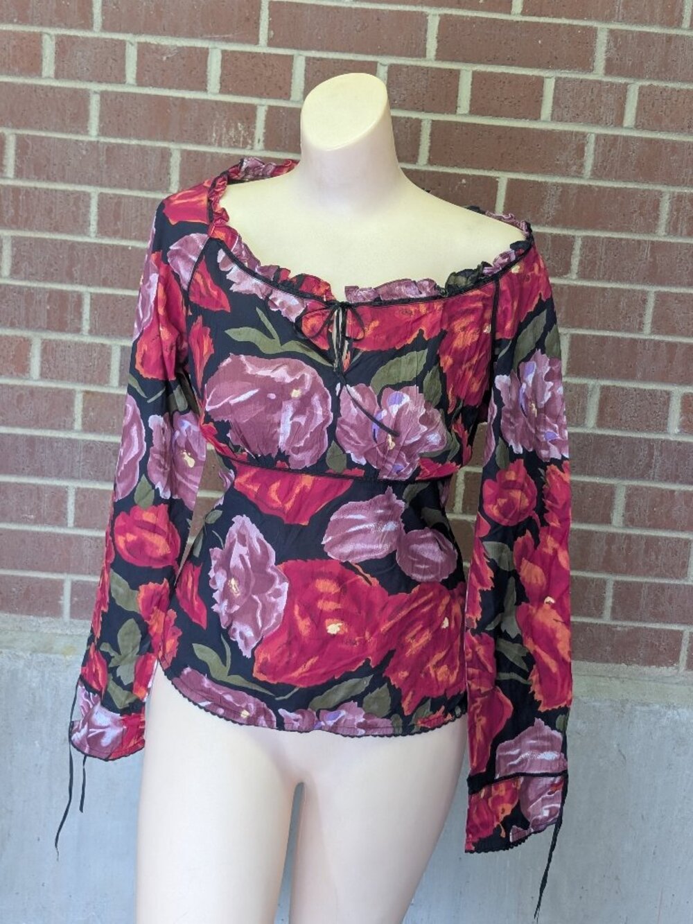 Odille Anthropologie Floral Peasant Top Women 4 Y2K Romantic Boho Vintage Cotton